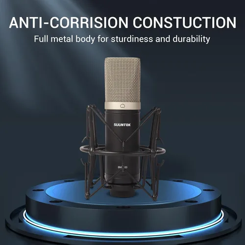 Vista 3 de Micrófono de condensador XLR, kit de micrófono cardioide de grabación profesional de diafgrama grande con soporte de choque, para estudio Negro