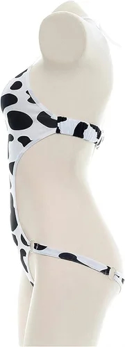 Vista 5 de KKmeter Disfraz de vaca para mujer, de malla transparente, conjunto de lencería de peluche, cuello halter, leotardo, delantal de sirvienta, traje