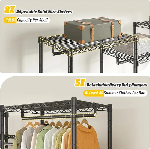 Vista 5 de Raybee Perchero de ropa con cubierta, perchereros para colgar ropa resistente, armario portátil con estantes, ajustable, carga de 905 LBS, negro
