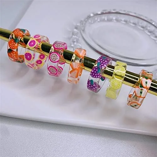 Vista 3 de COLORFUL BLING Juego de 6 anillos de resina para frutas Pitaya, fresa, manzana, sandía limón, kiwi, uva de verano, nudillos de acrílico transparente