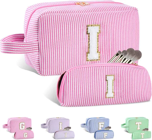 Vista 100 de Bolsa de maquillaje personalizada con inicial A-Z para mujeres, niñas y niños, bolsa de aseo de viaje, bolsa de maquillaje preparada, bolsa