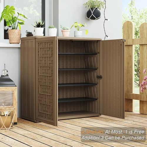Vista 7 de HOMSPARK Armario de almacenamiento para interiores y exteriores con puertas y estante, caja de almacenamiento de plástico HDPE de 34 x 16 x 36 Marrón