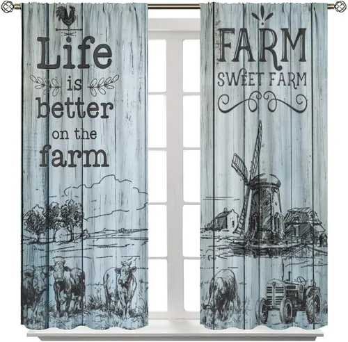 Vista 8 de Cortinas rústicas para ventana, molino de viento de granja, vaca, decoración del hogar, cortinas con estampado de animales de campo occidental
