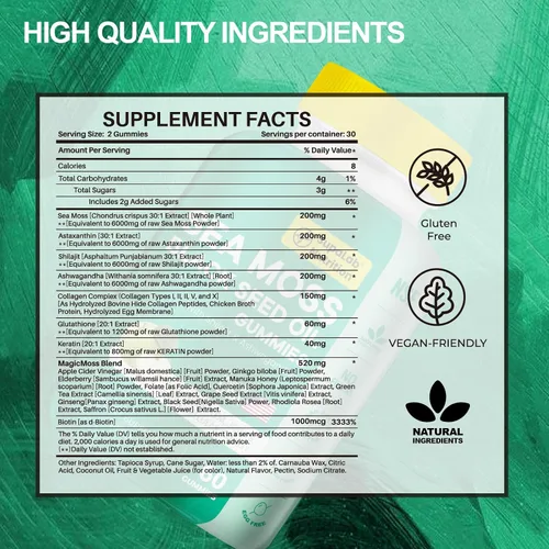 Vista 2 de Gummis de musgo marino con shilajit, ashwagandha y astaxantina, ricos en minerales y vitaminas para la inmunidad, salud intestinal y energía