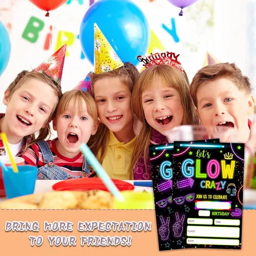 Vista 5 de Invitaciones de fiesta de cumpleaños con neón y brillo, 20 unidades. Invitaciones temáticas de cumpleaños "Let's Glow Crazy" con sobres - HBYQK-B02