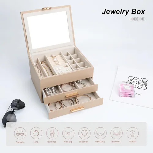 Vista 6 de Elegant Gift Jewelry Box with Mirror - 3-Layer Organizer for Earrings, Rings, Necklaces, Ready to Give for Birthday Anniversary Christmas Apricot