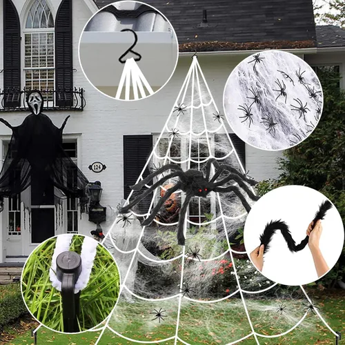 Vista 5 de Decoración de Halloween de telaraña para exteriores, 125 luces LED moradas de 16.4 pies, araña grande de 60 pulgadas, 22 arañas pequeñas y telaraña