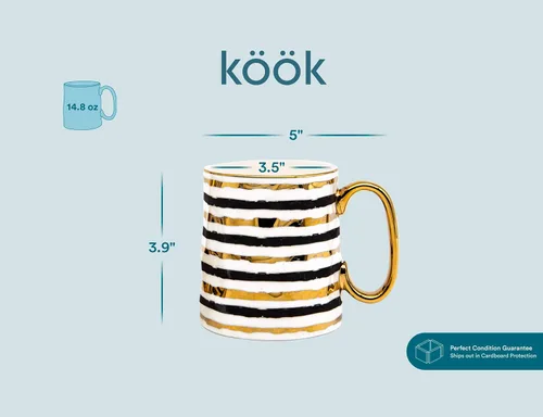 Vista 7 de KooK Tazas de café, juego de tazas de café, tazas negras y doradas, porcelana, tazas de té con asas, diseño geométrico con detalles dorados Curved