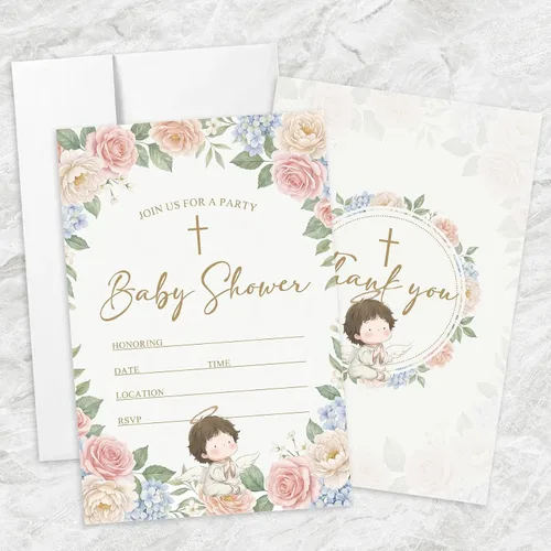 Vista 35 de AEHIE 20 juegos de invitaciones de bautizo con forma de fiesta de bautizo para baby shower, con sobres, tarjetas de invitaciones con cruz dorada