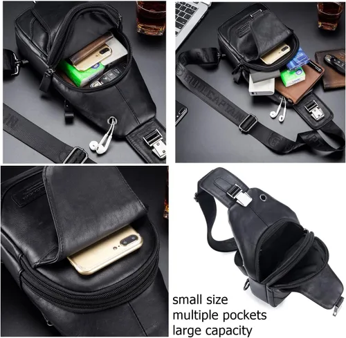 Vista 6 de BULLCAPTAIN Bolso bandolera de cuero genuino con múltiples bolsillos para hombre, bolso cruzado de viaje, mochila de hombro pequeña casual