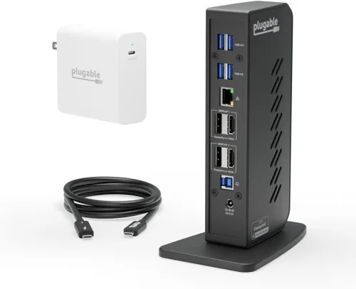 Vista 2 de Plugable Estación de acoplamiento USB 3.0 y USB-C de doble pantalla 4K con cargador de repuesto de 140 W y cable Thunderbolt 4 de 240 W
