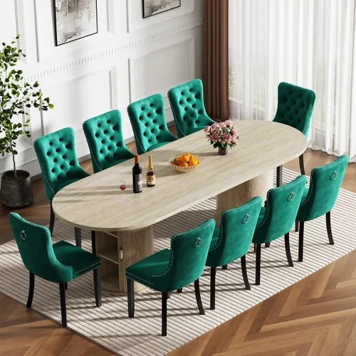 Vista 12 de Mesa de comedor redonda extensible con base de almacenamiento, mesa de comedor expandible natural de 63 a 94 pulgadas para 10 personas, mesa