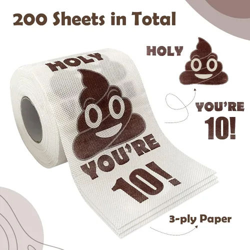 Vista 5 de Regalos de feliz cumpleaños número 10, rollo de papel higiénico divertido de 3 capas, papel higiénico impreso Holy Poop You're 10, regalo de bromas