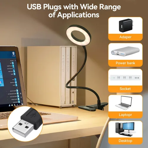 Vista 4 de Skymore Luz de escritorio con clip, [3 modos de color y 10 brillo] Luz de lectura LED con abrazadera, luz de libro de cuello de cisne flexible