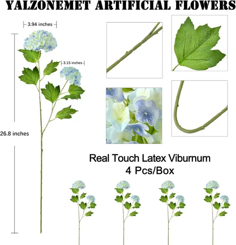 Vista 3 de YalzoneMet Bola de nieve artificial Viburnum 4 piezas de 26.8 pulgadas de color azul graduado, hortensias pequeñas, 2 cabezales, de látex natural