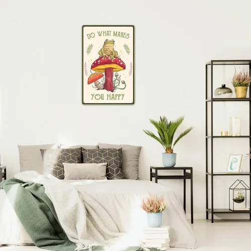 Vista 5 de Divertido letrero de metal con diseño de hongos y rana: bonita decoración de bosque y casa de campo para baño, cocina, dormitorio y hogar, 12 x 8
