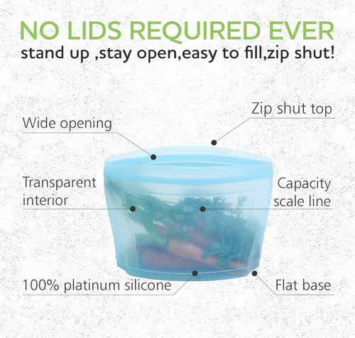 Vista 2 de Zip Standing Bolsa de almacenamiento de alimentos de silicona reutilizable, contenedor de almacenamiento de alimentos, bolsa de sellado reutilizable
