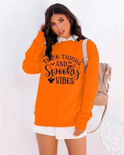 Vista 5 de MAXIMGR Sudadera de Halloween para mujer, sudadera divertida con estampado de letras, suéter de cuello redondo con estampado de fantasmas de otoño