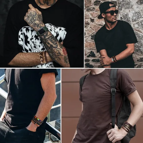 Vista 4 de FASACCO 31 pulseras de cuero trenzado para hombres y mujeres cuerdas de cáñamo tejidas cuerda étnica pulseras de cuentas de madera pulsera ajustable