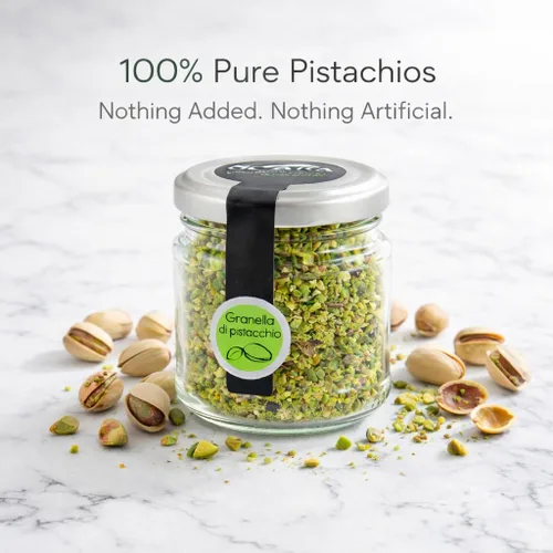 Vista 3 de Sciara Pistachos picados – Pistachos sicilianos sin sal de Bronte Italia – Pistachos triturados premium para hornear y cubrir – Tarro de vidrio 100