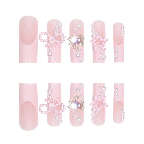 Vista 3 de Lindas uñas postizas largas cuadradas Y2K BAOYAALIN, uñas postizas rosas con diseño de perlas de 3D con aleación de diamantes de imitación, uñas