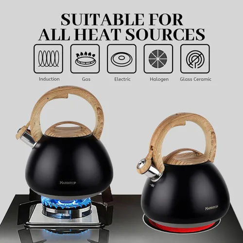 Vista 6 de MARSKITOP Tetera para estufa, tetera silbante para estufa, tetera de acero inoxidable de grado alimenticio con mango ergonómico Cool Touch, 2.6 Negro