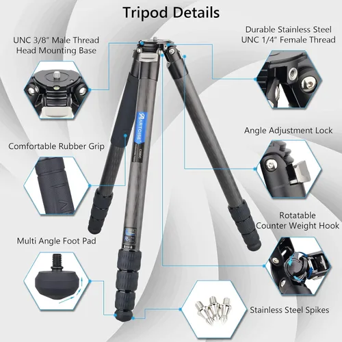 Vista 7 de Trípode compacto ligero de fibra de carbono de 1.57 pulgadas con cabezal de bola de perfil bajo de 1.57 pulgadas, soporte de cámara de viaje