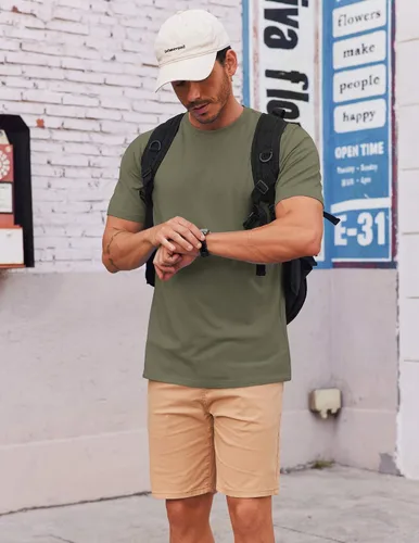 Vista 4 de COOFANDY Camiseta de manga corta para hombre, de mezcla de algodón, cuello redondo, informal, para verano, básica Verde militar