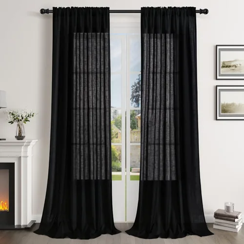 Vista 27 de Cortinas de lino verde aguamarina de 84 pulgadas de largo, juego de 2 paneles semitransparentes con bolsillo para barra para comedor, decoración