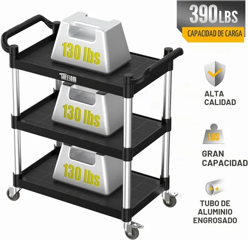 Vista 6 de TUFFIOM Carrito de servicio de plástico de 3 niveles con ruedas, resistente capacidad de 390 libras, rodante comercial, ideal para restaurantes