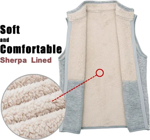 Vista 3 de Chaleco de forro polar con cremallera para mujer, forro de sherpa, resistente al viento, chaleco cálido con bolsillo Fresno