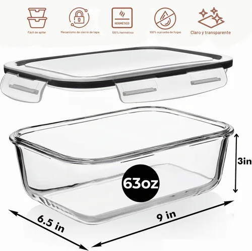 Vista 3 de Razab 4 recipientes grandes de vidrio para almacenar alimentos de 62.9 fl oz / 63 onzas / 8 tazas con tapas, recipientes de vidrio para preparar
