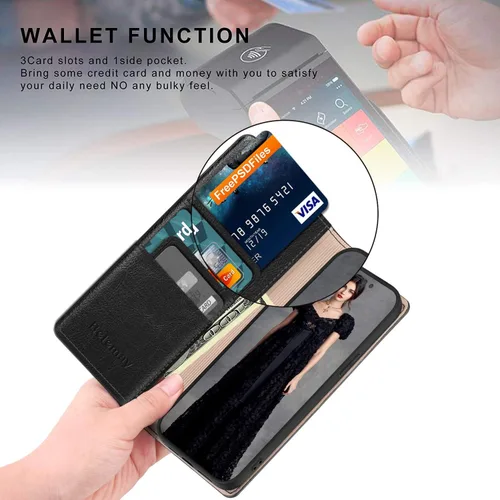 Vista 4 de Belemay Funda compatible con iPhone 14, funda tipo cartera de piel auténtica, tarjetero con bloqueo RFID, carcasa de poliuretano termoplástico a