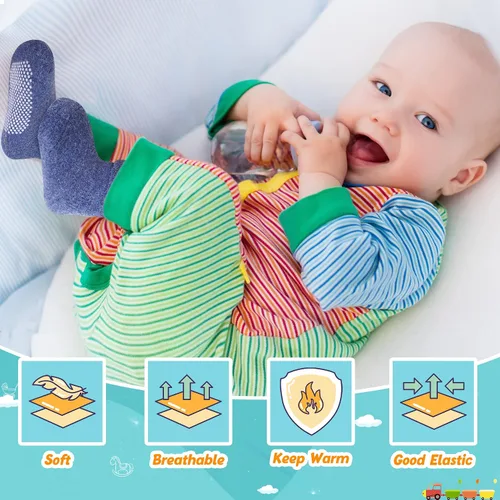 Vista 6 de Eyean Calcetines de lana con agarre para bebé, suaves, cálidos, gruesos, antideslizantes, para niños, niños y niñas, calcetines hasta la pantorrilla