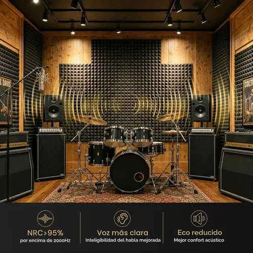 Vista 2 de Focusound Paneles acústicos, paquete de 50 unidades de 2 x 12 x 12 pulgadas con 300 adhesivos de doble cara, espuma piramidal a prueba de sonido