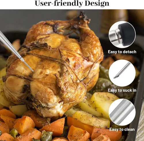 Vista 5 de Baster de Pavo para Cocinar, Inyector de Carne Grande de Acero Inoxidable, con Cepillo de Limpieza y 2 Agujas de Adobar, Negro