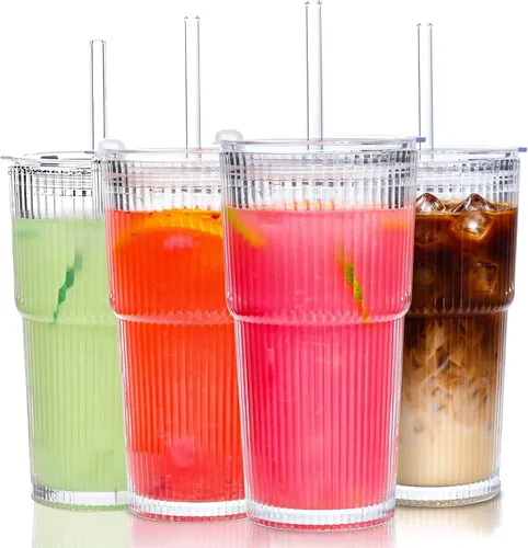 Vista 8 de Juego de 2 vasos de vidrio acanalado con tapas y pajitas de 13 onzas 2 unidades transparentes de 13 onzas