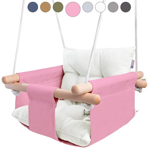 Vista 14 de CaTeam - Columpio de lona para bebé, silla colgante de madera con cinturón de seguridad, silla de columpio para bebé duradera, columpio
