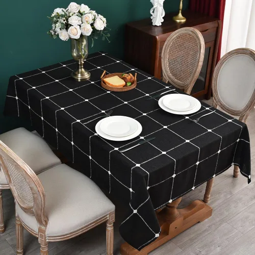 Vista 24 de Zobesta Mantel redondo blanco y negro de 53 pulgadas a cuadros Plaid Black
