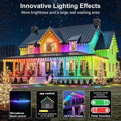 Vista 7 de RCUICA Luces permanentes para exteriores de 500 pies impermeables con control remoto de aplicación inteligente, modos de escena de bricolaje