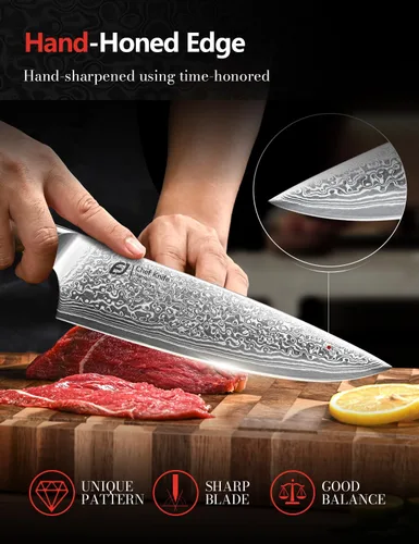 Vista 4 de Juego de cuchillos de cocina de Damasco Emojoy, 3 piezas de cuchillos de chef japoneses, cuchillo de 67 capas de Damasco con mango de madera