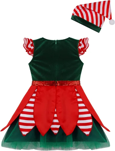 Vista 4 de YiZYiF Vestido de Navidad para niños, disfraz de elfo, terciopelo de manga larga, Papá Noel, juego de rol, vestidos de fiesta