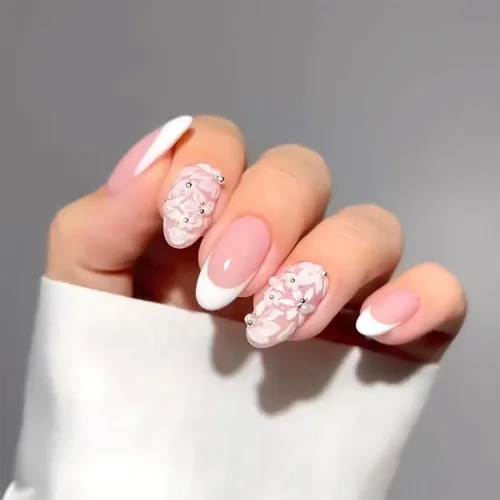 Vista 17 de Aurora - Uñas postizas a presión degradadas, uñas postizas largas de almendra, diseño de sol y luna brillante, uñas artificiales reutilizables