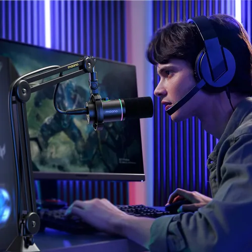 Vista 8 de MAONO Kit de micrófono dinámico, paquete de micrófono RGB para juegos para podcast Studio Streaming Grabación Vocal PD200X+BA37 negro