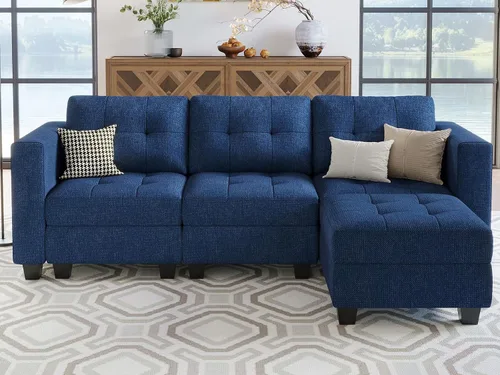 Vista 17 de Belffin Sofá modular modular con otomana de almacenamiento, sofá moderno en forma de L de tela con diván para espacios pequeños, azul