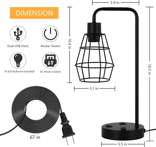 Vista 2 de BTY Juego de 2 lámparas de mesa USB Edison con puertos de carga USB duales y 2 clavijas de salida de CA, jaula de alambre de metal, lámpara de mesa