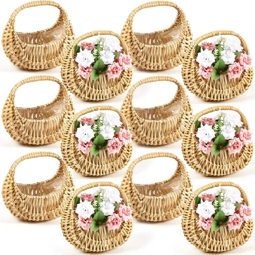 Vista 10 de Taiyin Paquete de 3 cestas de mimbre de mimbre de paja de media luna con asa, ideal para boda, niña, picnic, almacenamiento de jardín y decoración