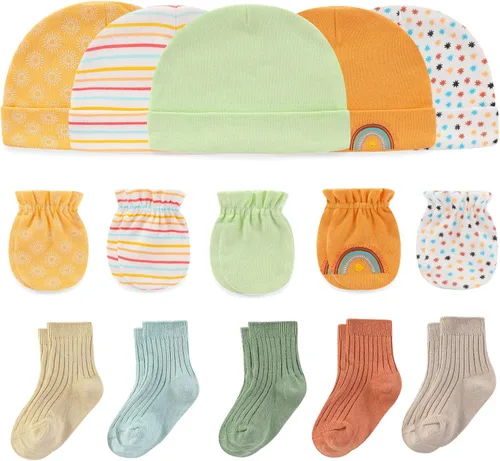 Vista 18 de Ruliby Conjunto de Gorros, Manoplas y Calcetines para Bebé de Algodón, Gorro Beanie Suave para Recién Nacidos, Gorros Guantes para Niñas y Niños 0-6