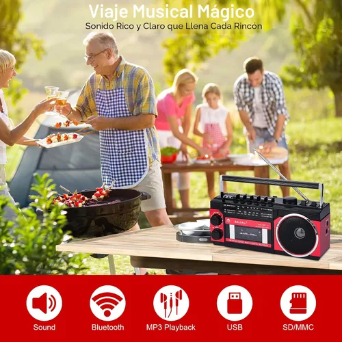 Vista 7 de Reproductor de casete portátil con radio AM/FM/SW y BT, Boombox para el hogar y viajes, grabación desde radio, reproducción a través de SD/USB
