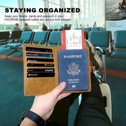 Vista 4 de Funda de cuero de grano completo para pasaporte para hombres y mujeres, cartera de pasaporte y tarjetero de vacuna, funda para pasaporte, cartera